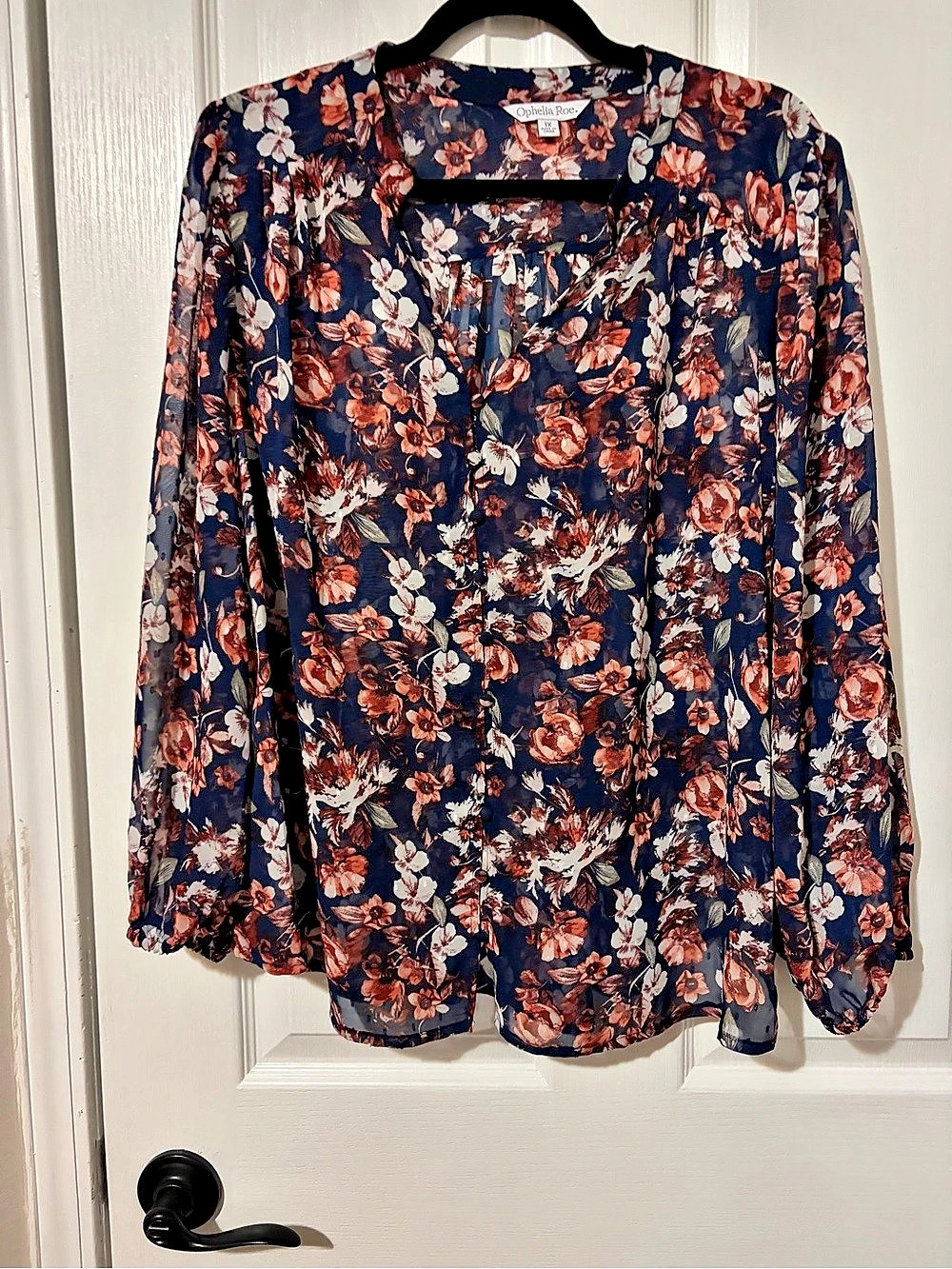 Ophelia Roe Floral Long Sleeve Blouse in Blue & Orange 1X Like New